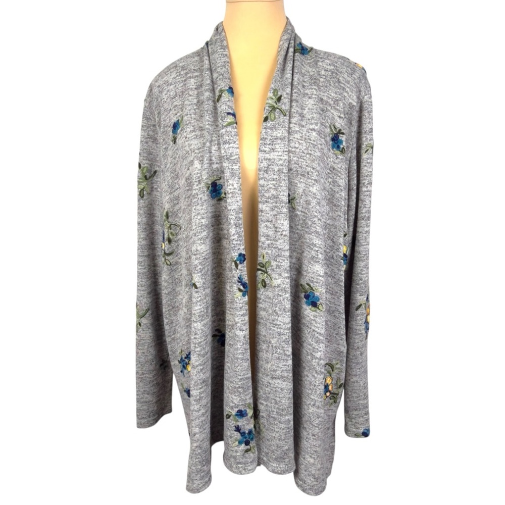 Anthropologie Fig & Flower Embroidered Floral Open Front Cardigan Large Gray